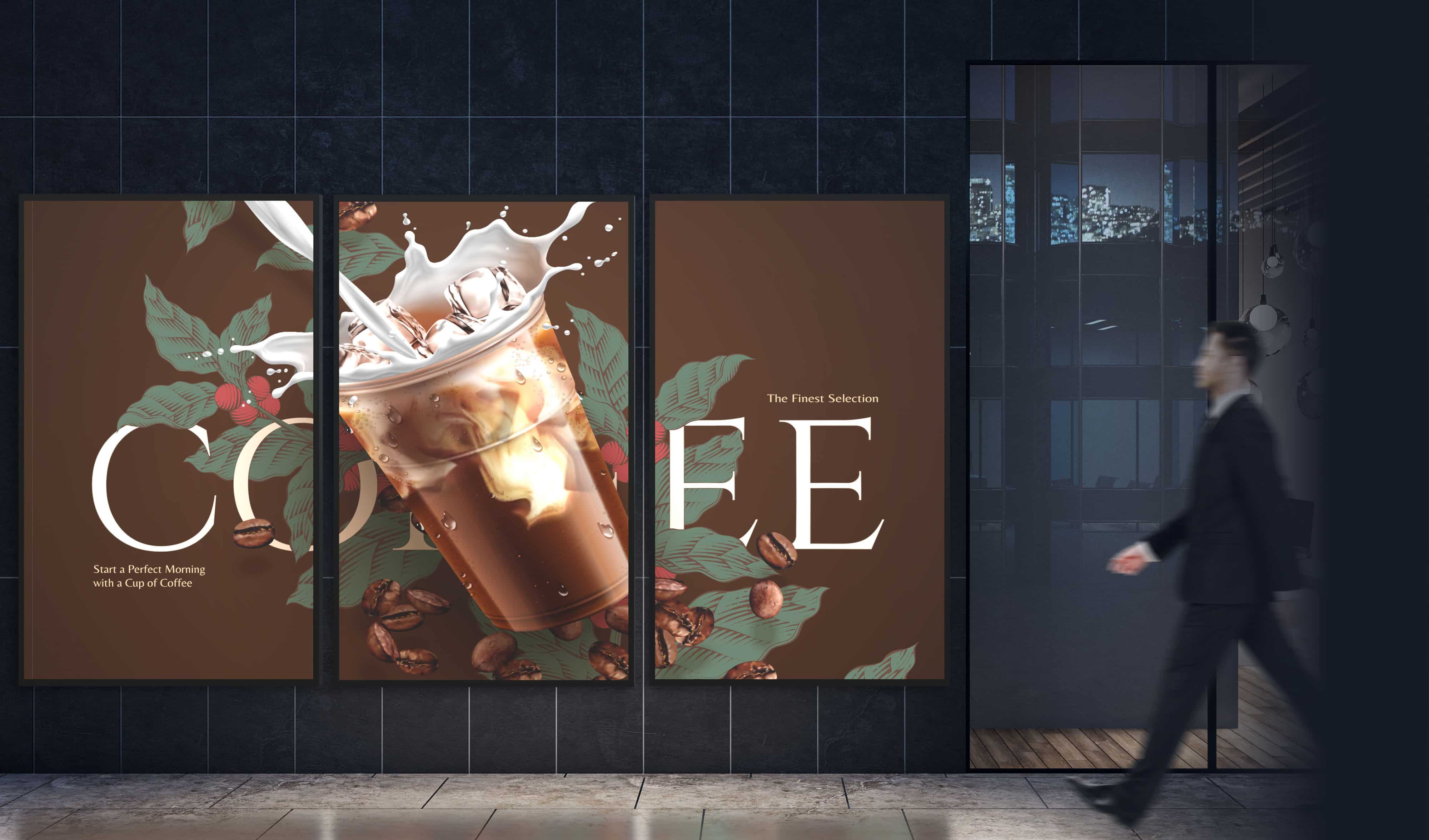 Бизнесмен идет мимо цифровых вывесок, состоящих из трех дисплеев Optoma серии N, на которых транслируется реклама кофейного напитка.